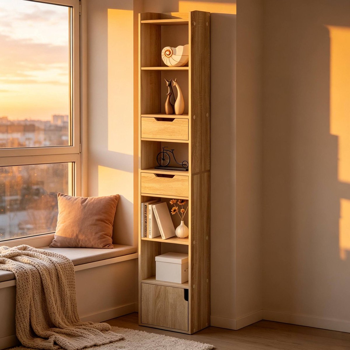 REDOM- Boekenkast - 6 open vakken en 2 lades - Verstelbare plank - Opbergkast met deur - Hout met melamine - Licht eiken - 33 x 181 x 24 cm