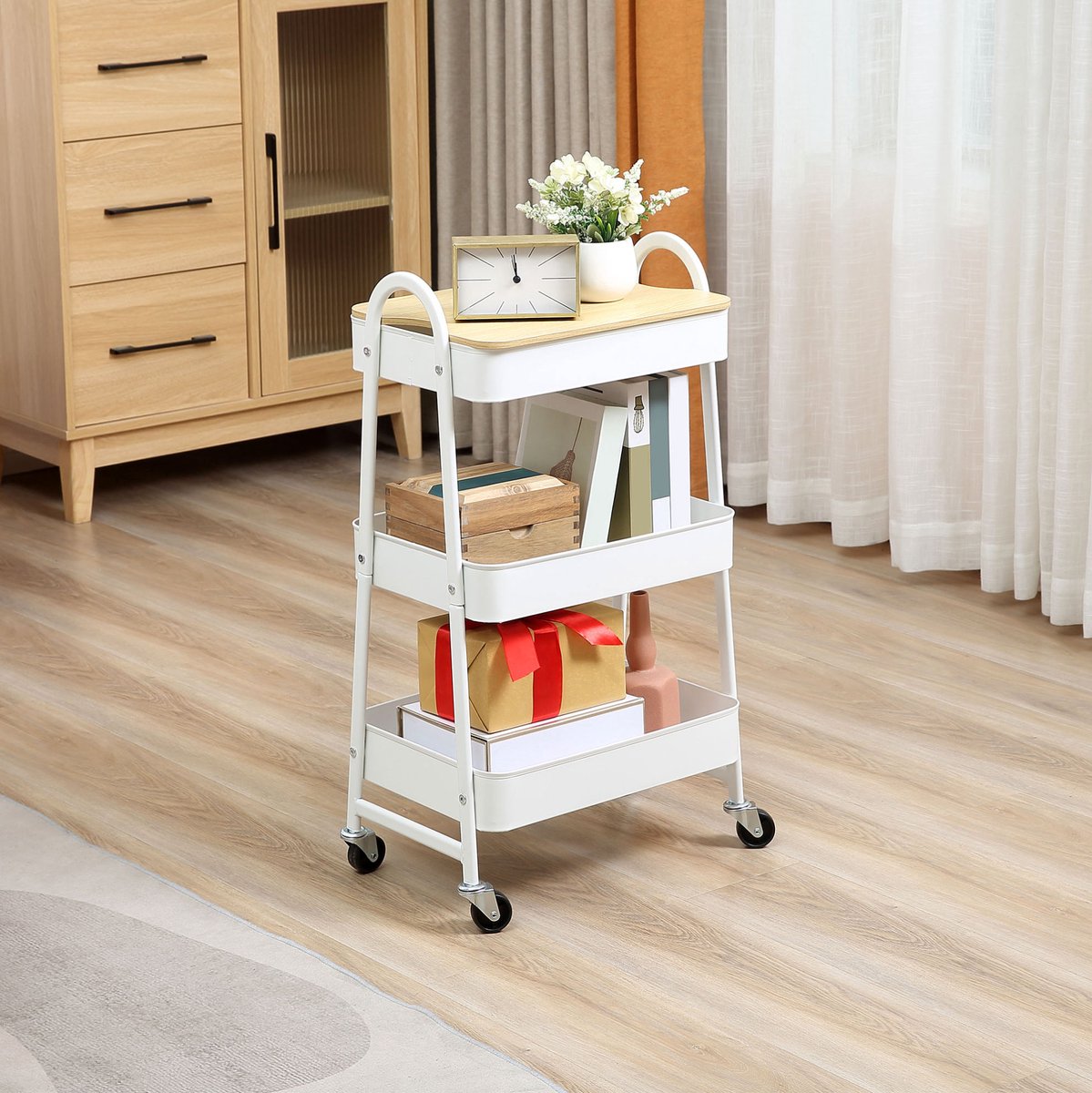 Keukenwagen FloraGrace – 45 x 31 x 79,4 cm – Met Wielen En Deksel – Staal En Kunststof – Wit – 3 Laagse Opberger Voor Keuken En Kantoor