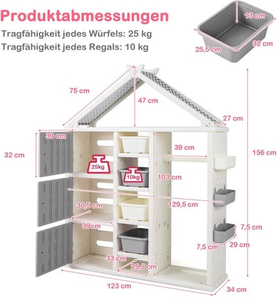 Kinderkast – Opbergkast – Speelgoedkast – Kleerkast – Kindermeubel – Huisstijl – Kledingrek – HDPE Kunststof – 130x34x156,5 cm
