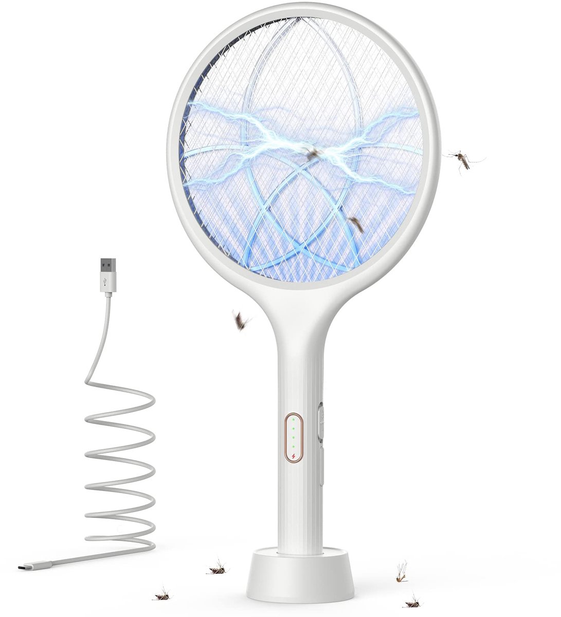 SnelShoppen - Elektrische Vliegenmepper 4000V - 2 in 1 Oplaadbare Muggenmepper met USB C en UV-Lichtval - Ideaal voor Tuin, Camping en Feesten - Wit