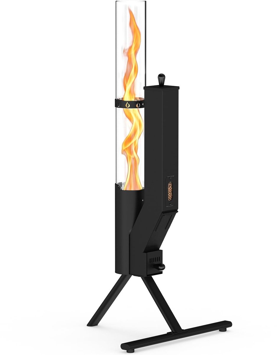SnelShoppen - Onlyfire Pelletskachel voor Buiten met Zichtbaar Brandstofreservoir - Terrasverwarmer van Glas en Staal - Tuinfakkel op Pellets - Design