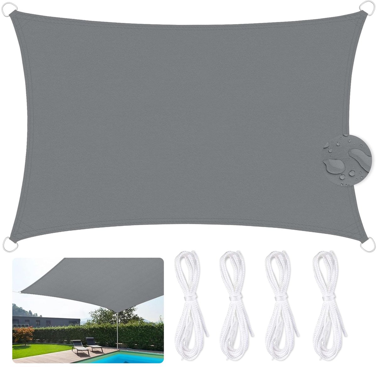SnelShoppen - Waterdicht Zonnezeil 3 x 5m - Rechthoekig Schaduwdoek met 95% UV-bescherming - Grijs voor Tuin, Balkon en Buitenterras