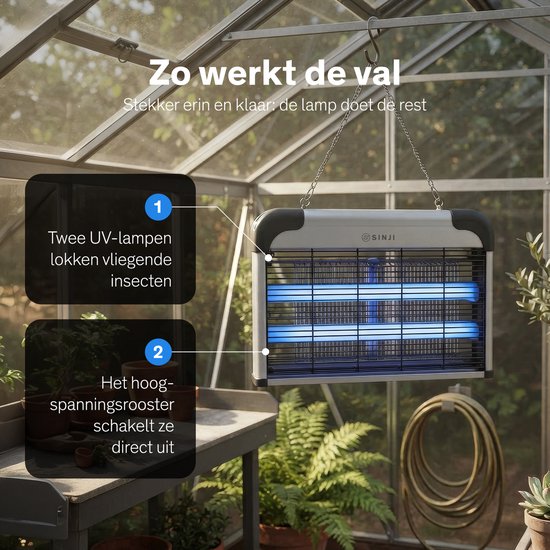 Insectenlamp met twee blauwe UV-lampen die vliegen lokken en een hoogspanningsrooster dat ze direct uitschakelt.