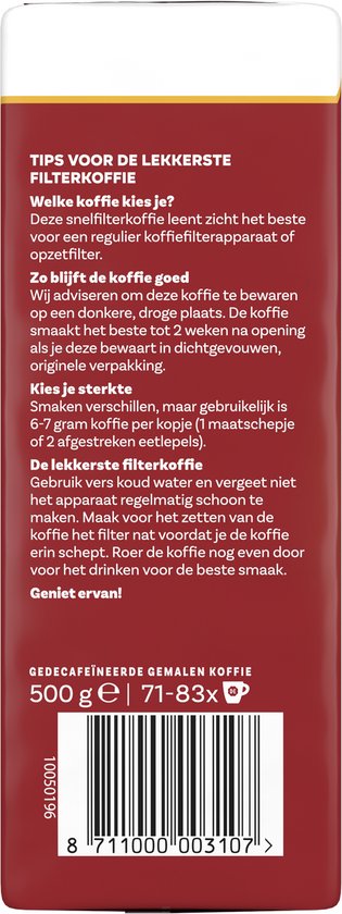 Achterkant van rode Douwe Egberts koffieverpakking met tips voor filterkoffie, bereiding en smaakprofiel. Bevat tekst 'Decafé'.