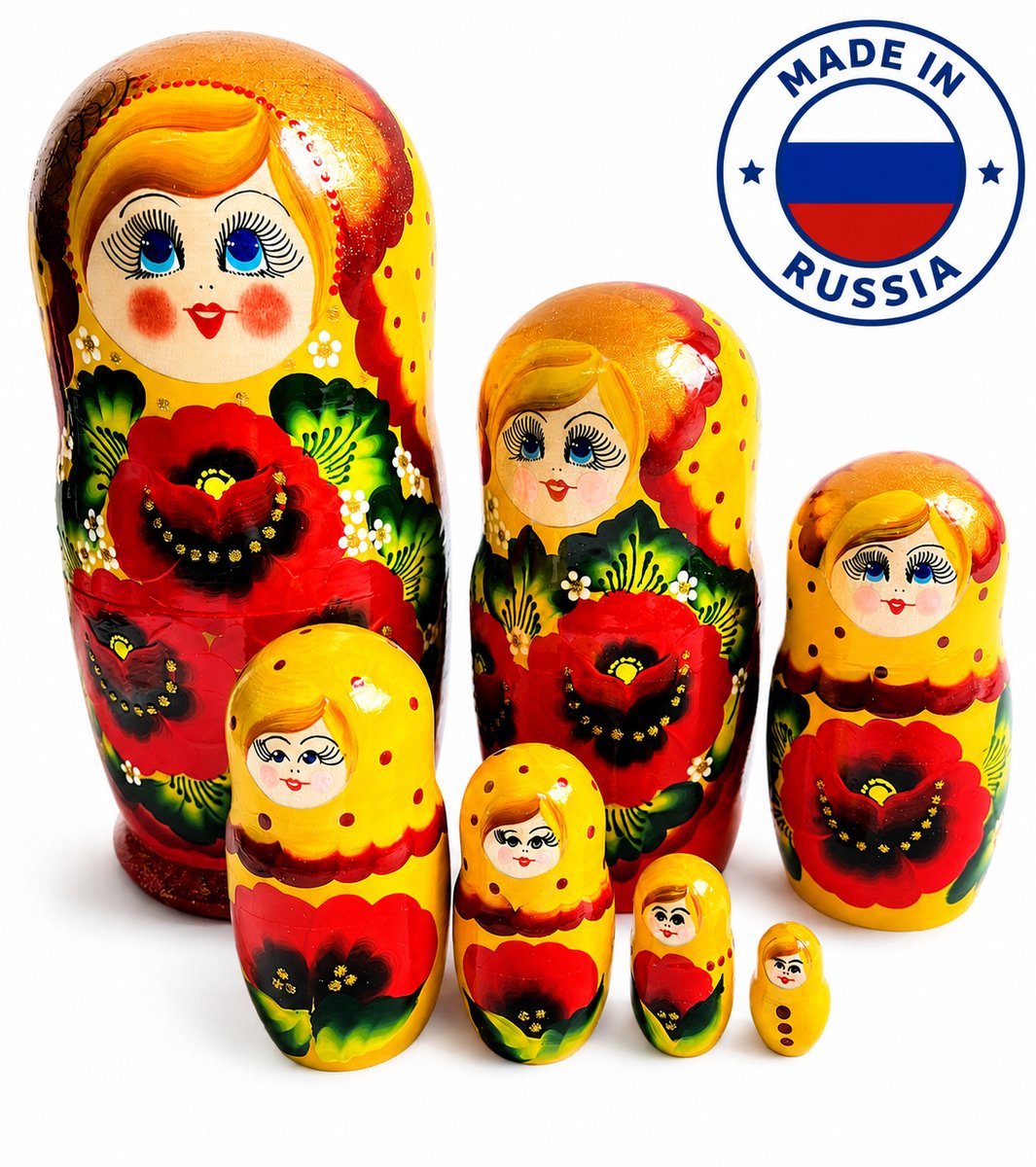 Houten Matroesjka poppen, Russische,babushka,23 cm hoog 7 delig handbeschilderd, duurzame cadeau