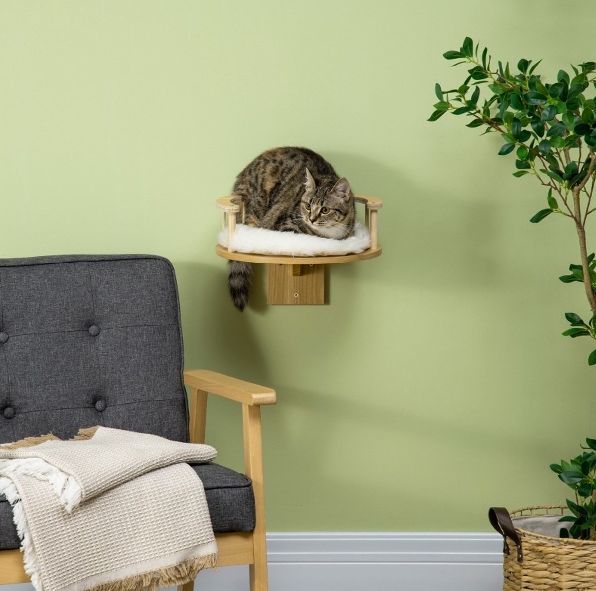 Wandliege voor katten – Beschermrand en liegekussen – 34 x 34 x 10,5 cm – spaanplaat – eiken – wandmontage