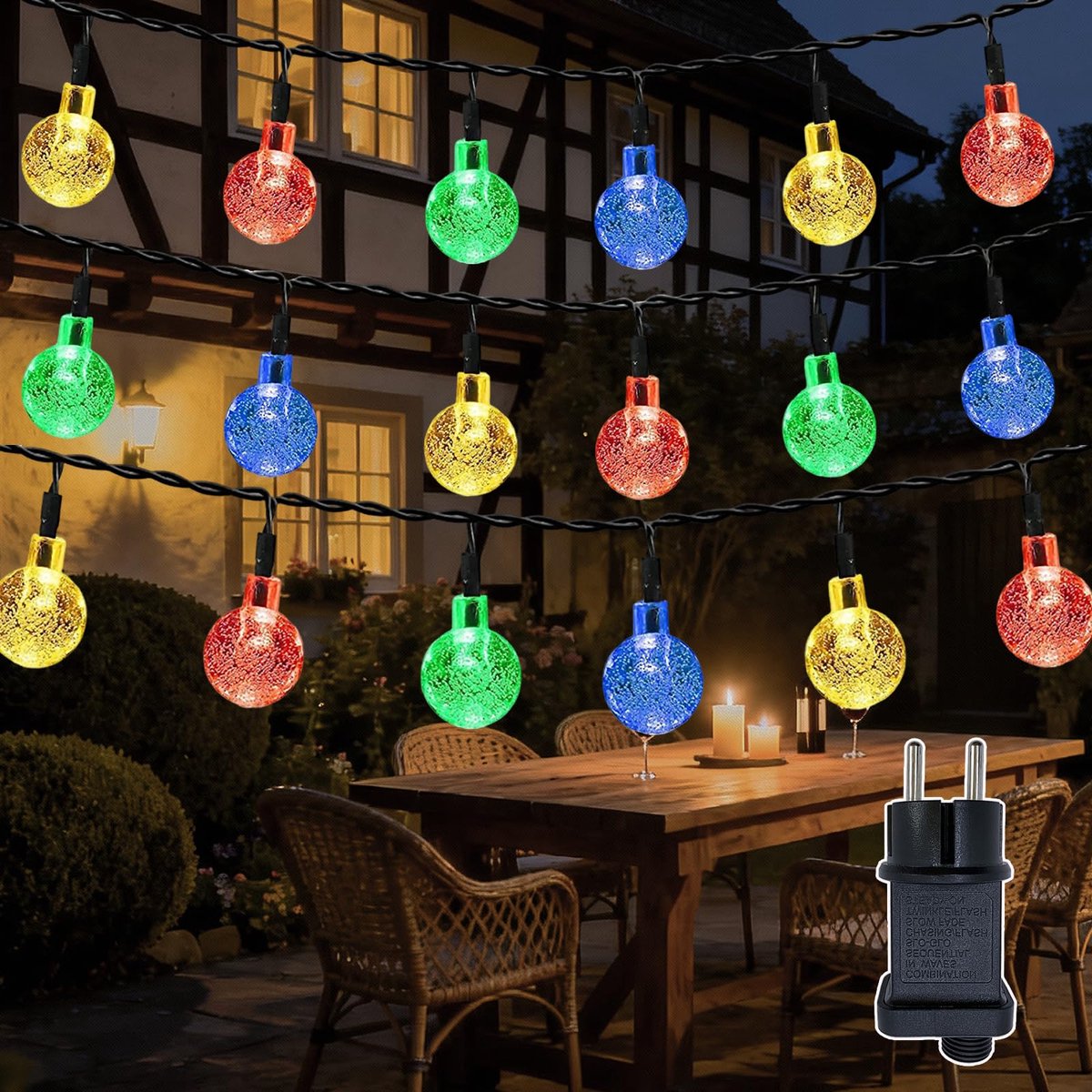 SnelShoppen - Lichtsnoer voor buiten met kristallen bollen, 20 m, 200 LED, waterdicht IP44, globe lichtsnoer voor binnen en buiten, 8 modi, timer, vee