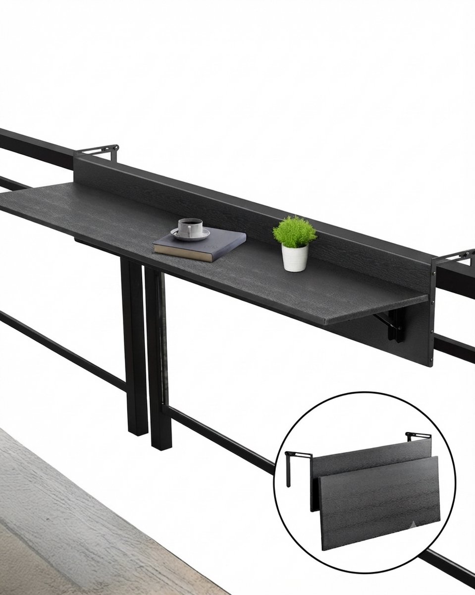 Stervia Hangende Balkontafel - Hangende Bijzettafel - Inklapbaar - Max. 22 Kg - Weerbestendig - Verstelbare Bevestiging - Zwart - 80 x 30 x 24 cm