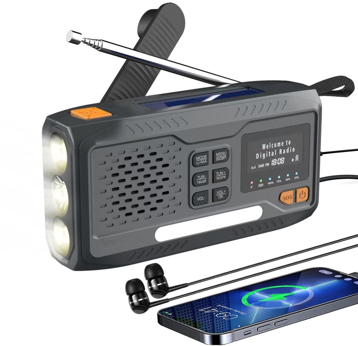 SnelShoppen - Extralink Noodradio met Solar & Kurbel, Oplaadfunctie 4500 mAh, FM & DAB Radio met Bluetooth, LED Zaklamp & Leeslamp, SOS Alarm, LCD Dis