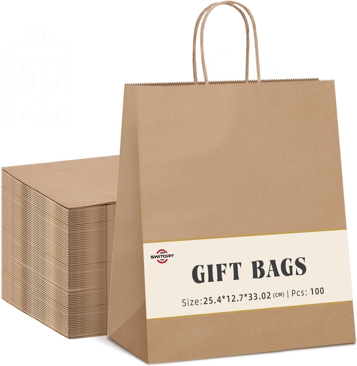 SnelShoppen - 100 Stuks Bruine Papieren Zakken met Handvat 25x12x33 cm - Kleine Cadeauzakjes, Kraftpapieren Draagtassen voor Winkelen, DIY Knutselen,
