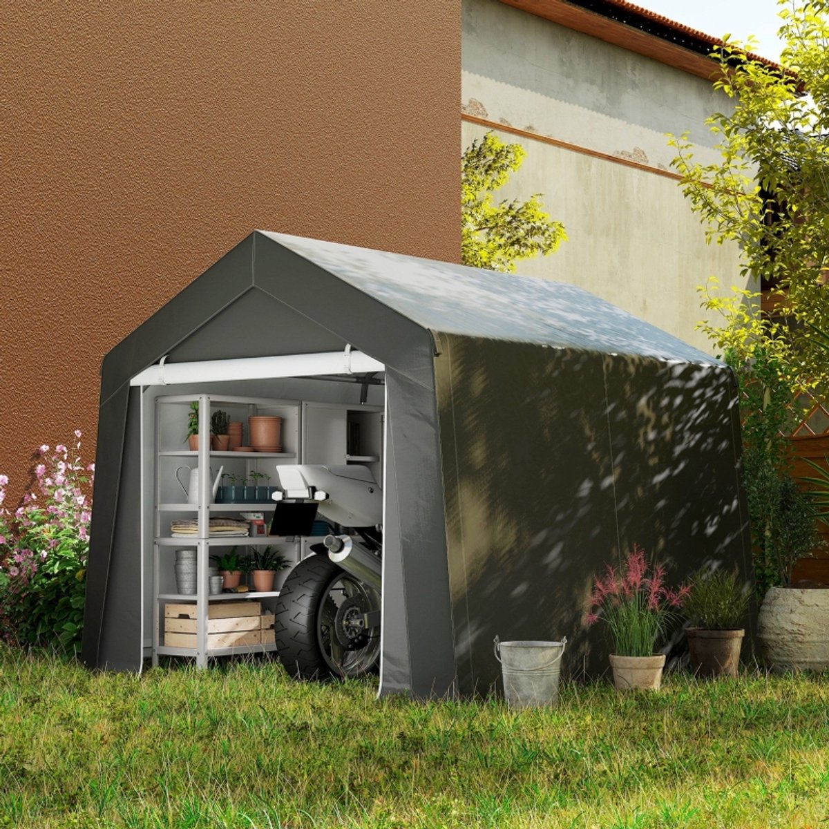 Wishdor Garagetent 3x3 m - Waterdichte opslagtent - Met ritsdeur en ventilatievenster - Stalen frame - Donkergrijs - 302 x 300 x 235 cm