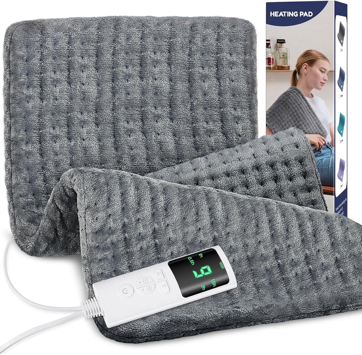 SnelShoppen - Elektrisch Verwarmingskussen voor Rug, Nek, Schouder en Buik met 9 Warmtestanden, 4 Uitschakeltijden, Zacht Flanel, 30x60 cm, Donkergrij