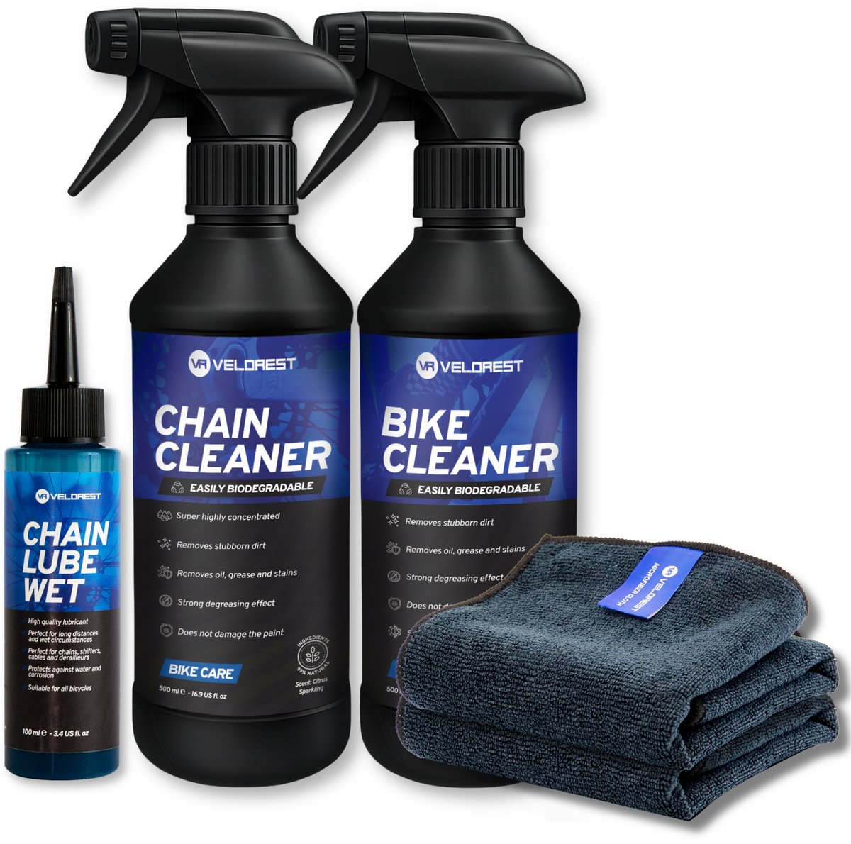 Velorest Fiets Schoonmaak Set - Fiets Onderhoud - Fietsketting Reiniger Set - Kettingreiniger fiets - Ontvetter Fiets - Bike Cleaner - Chain Cleaner - Chain Lube - Ketting Wax - Inclusief Microvezeldoeken