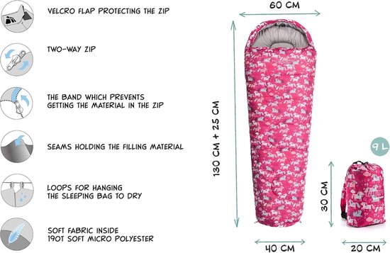 Kinder slaapzak - Mummieslaapzak capuchon - Kamperen en reizen - Inclusief rugzak - 160 cm - Eenhoorn van Kinder — afbeelding 4
