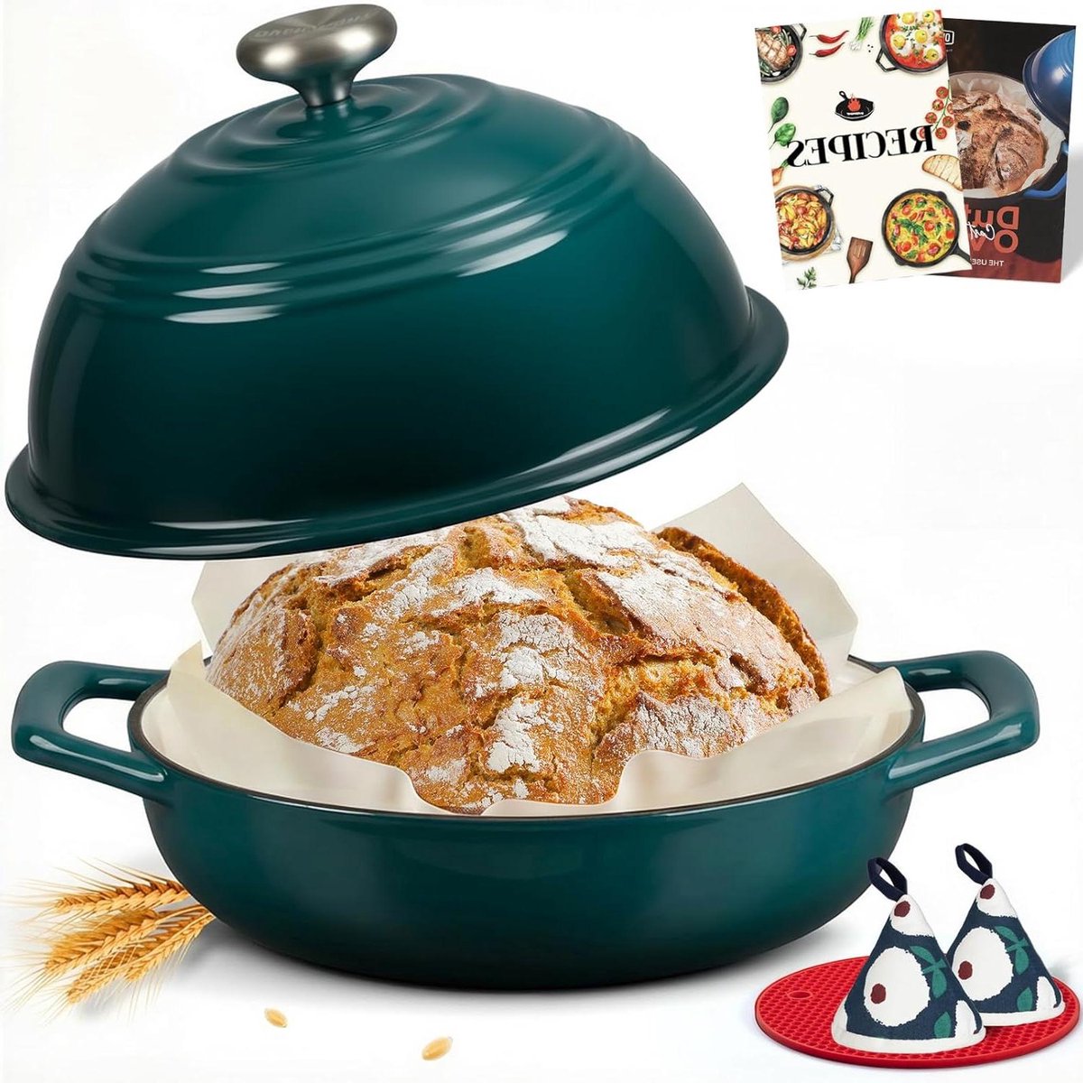 Gietijzeren Broodoven - Bakpan Koekenpan - Brood Bakken - Geglazuurd Gietijzer - 6QT Inhoud - Groen