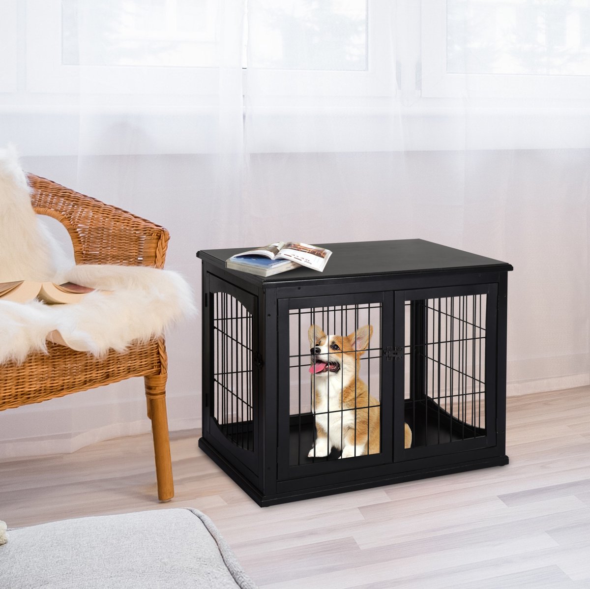 Wishdor hondenbench met tafelblad en twee ingangen - voor binnengebruik - metaal en MDF - zwart - 81 x 58,5 x 66 cm
