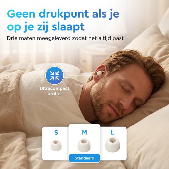 Man slaapt op zijn zij met een wit oordopje in. Iconen tonen ultracompacte pasvorm en 3 maten eartips (S, M, L).