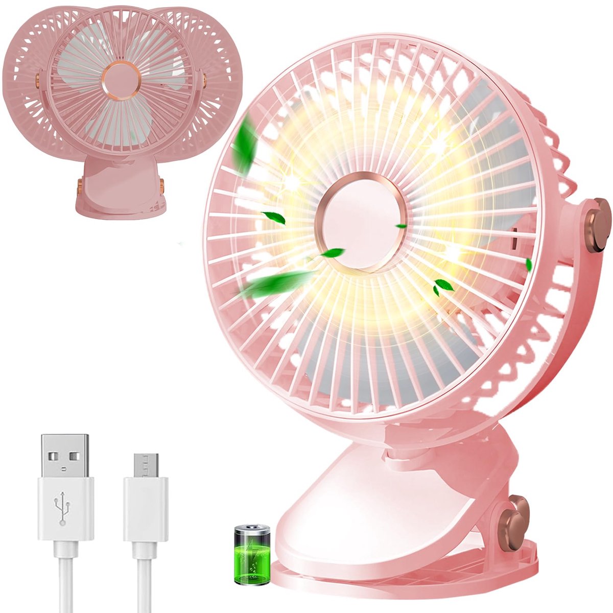 SnelShoppen - USB Tafelventilator 3 Snelheden - Krachtige Wind 360° Draaibaar Persoonlijk - USB Oplaadbaar met LED-lampjes - Roze voor Kantoor, Slaapk