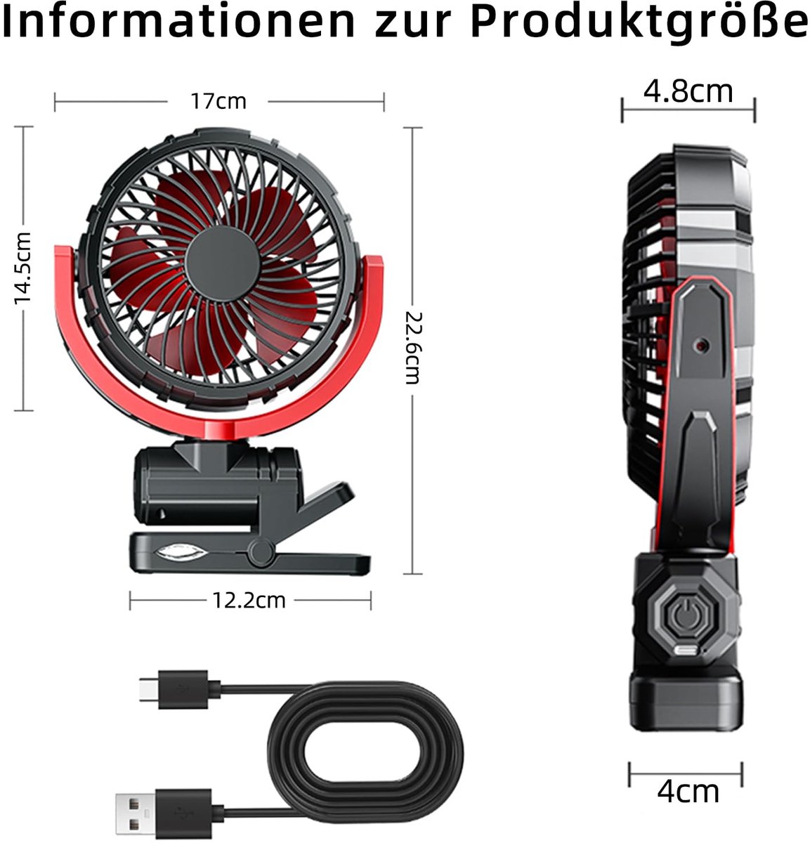 SnelShoppen - USB Ventilator Clip-on, Draaibaar en Inklapbaar, Tafelventilator voor Auto, Golfkar, Loopband, Zwart, Ideaal voor Camping en Thuisgebrui