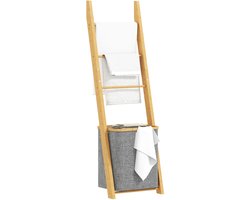 Noventra handdoekhouder met wasmand-handoekrek-badkamer accessoires-inclusief wasmand-43 x 35 x 133 cm-bamboehout-