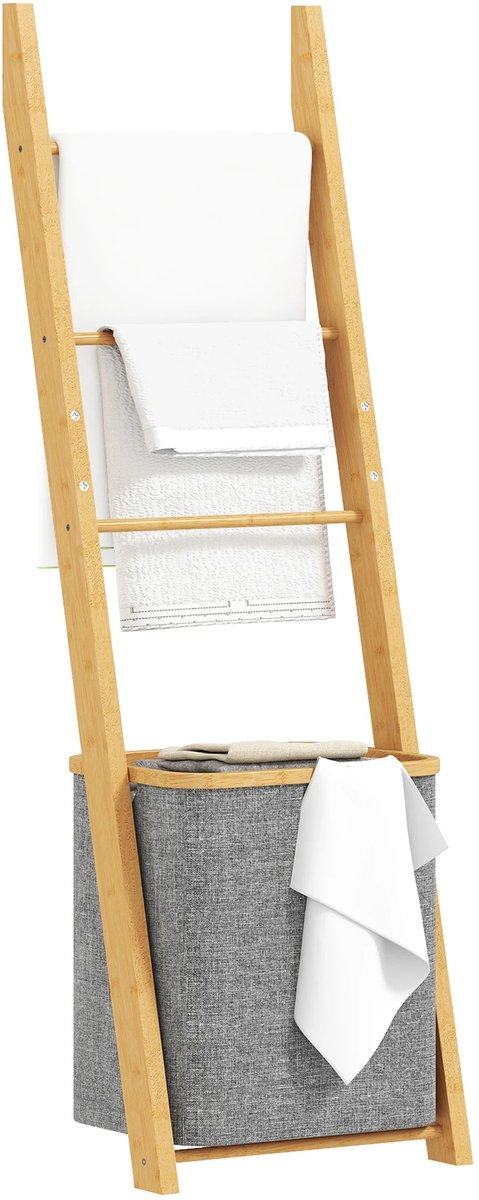 Noventra handdoekhouder met wasmand-handoekrek-badkamer accessoires-inclusief wasmand-43 x 35 x 133 cm-bamboehout-