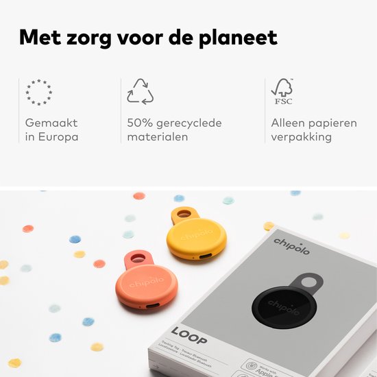 Oranje en gele Chipolo LOOP trackers, gemaakt in Europa met gerecyclede materialen.