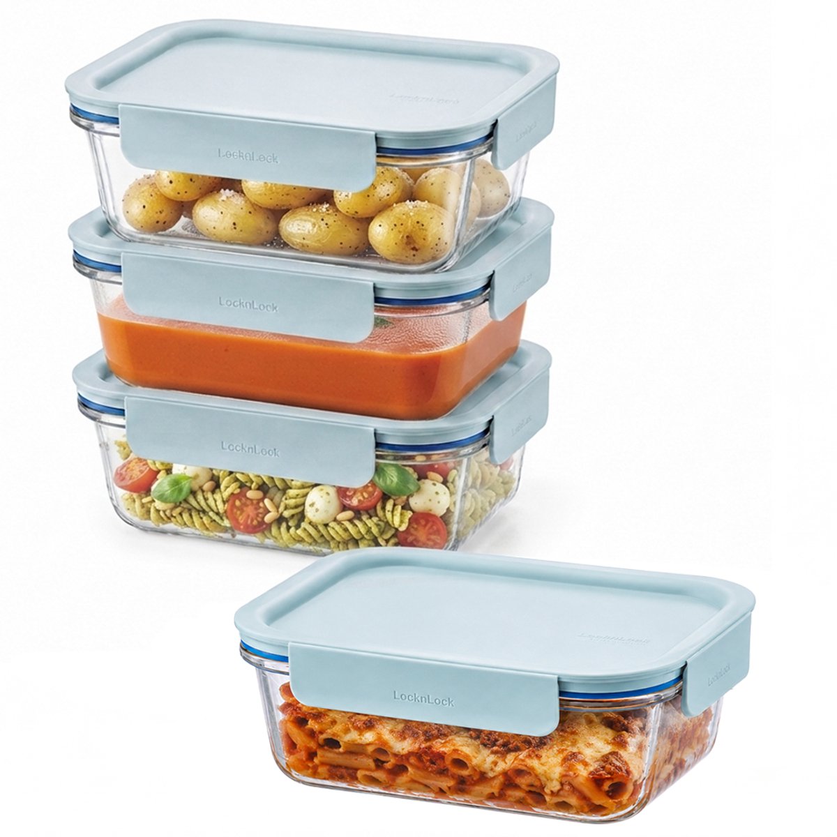 Lock&Lock Glazen vershoudbakjes - Meal prep bakjes glas - Ovenschaal met deksel - 1 liter - Mint deksel - Luchtdicht - BPA vrij - PFAS vrij - Bewaarbakjes - Vershoudbakjes glas - Set van 4 stuks