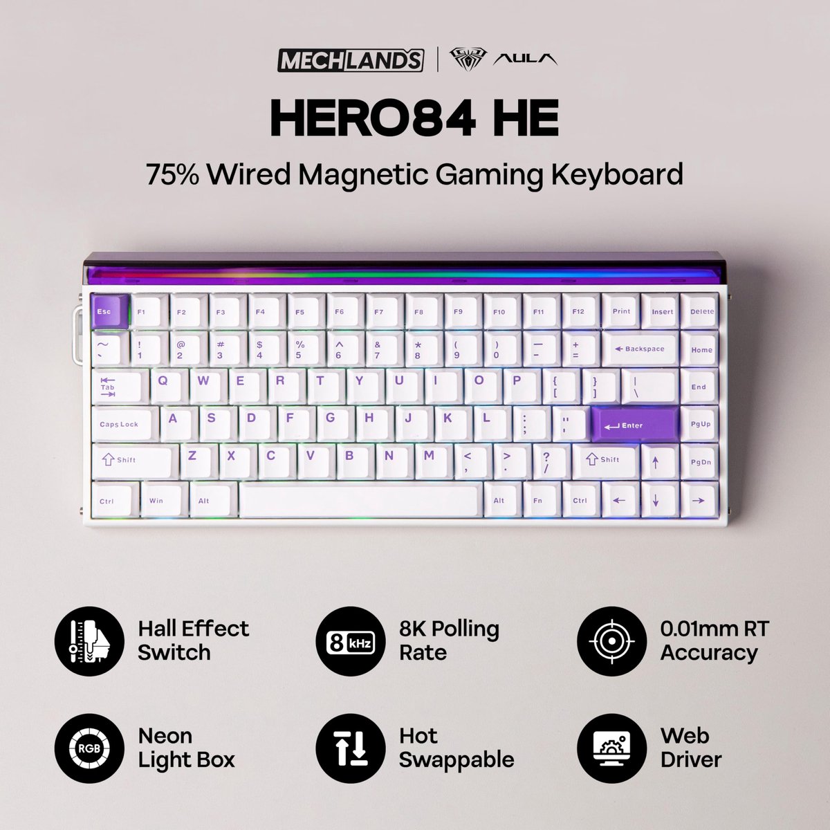 SnelShoppen - MechLands Aula Hero84 HE Bedraad Gaming-toetsenbord, Rapid Hall-effect, 8 kHz Polling, RGB-lightbox, Geluidsdemping, 5-laags, Magnetisch