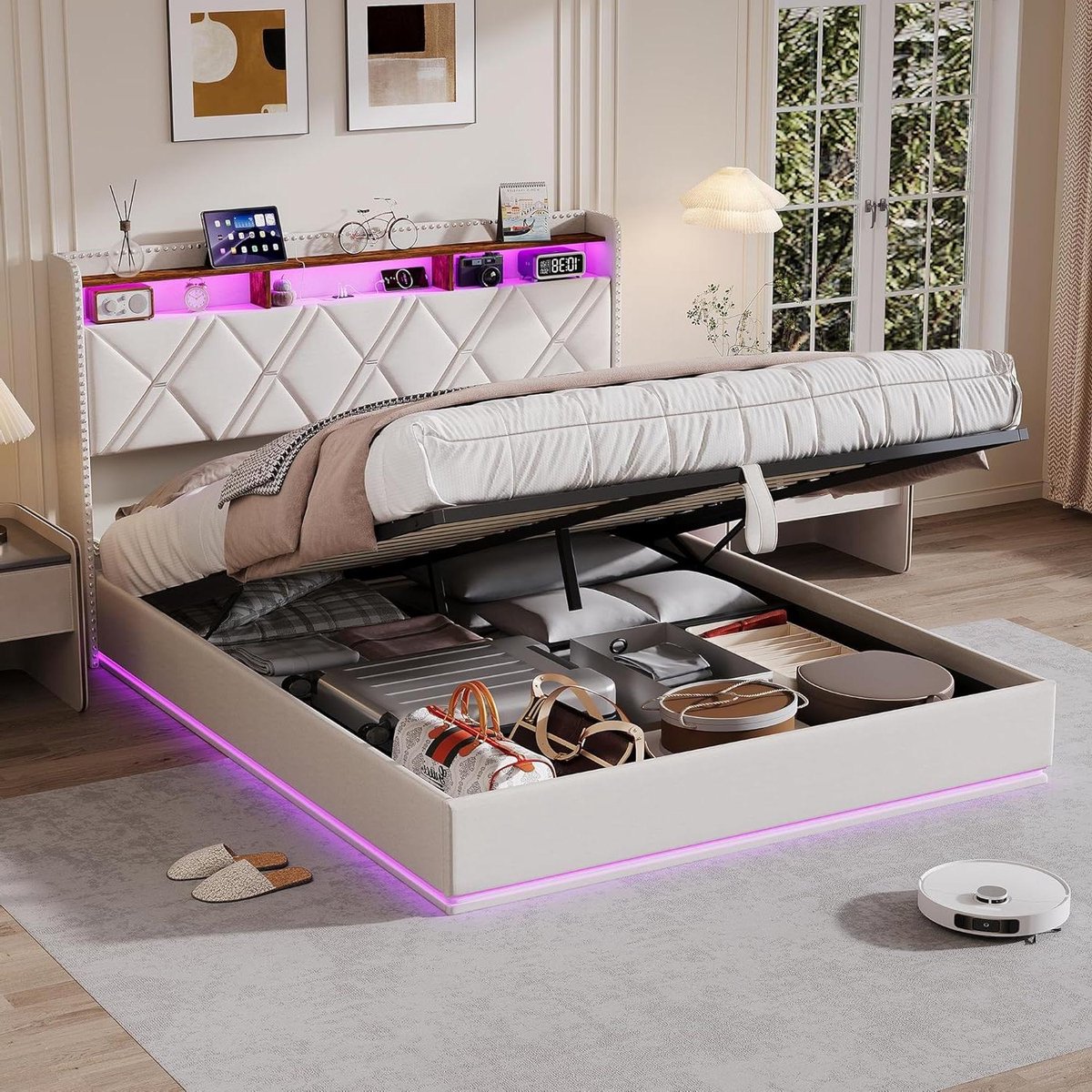 Gestoffeerd Bed - Tweepersoonsbed Frame - Slaapkamer Opbergen - Geïntegreerde LED en USB - 140x200 cm - Beige