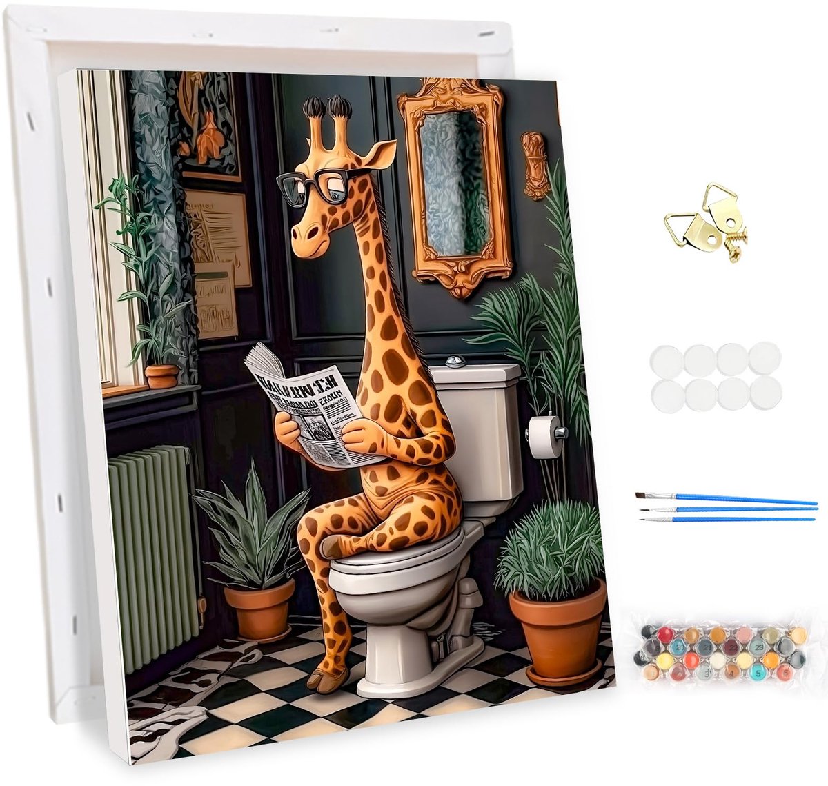 SnelShoppen - Doe-het-zelf schilderen op nummer voor volwassenen met lijst - Schattige giraf in het toilet - Kunst- en knutselset voor beginners - 30