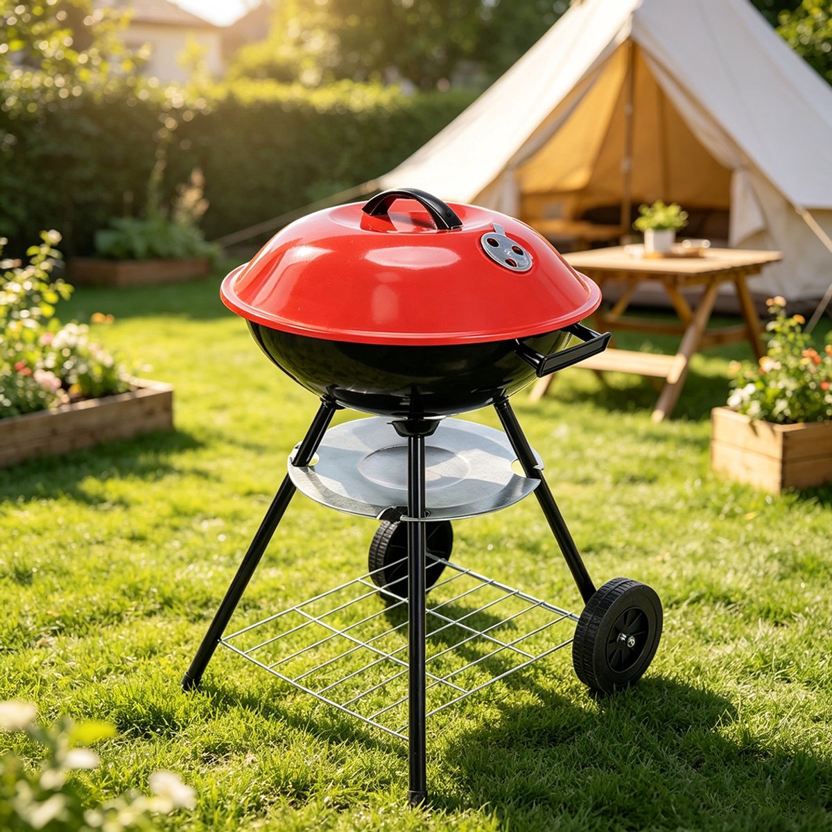 Draagbare houtskoolgrill van 43 cm Robuuste en duurzame bolvormige grill en rookoven Geschikt voor kamperen terras achtertuin en picknick Afmetingen 44 x 72 cm