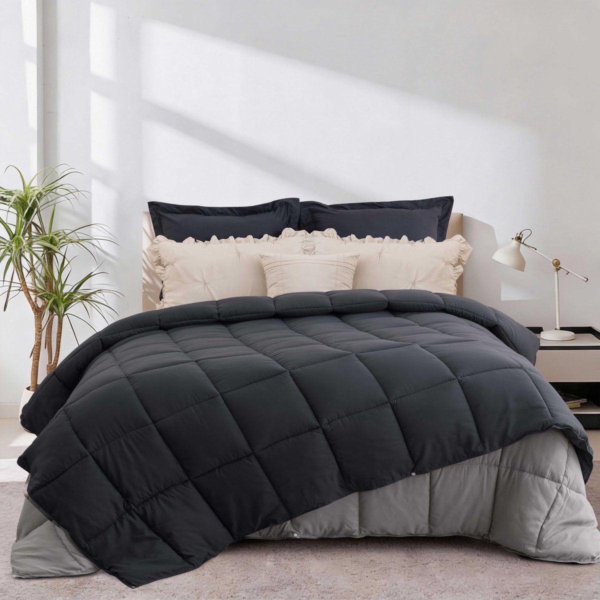 SnelShoppen - HIG 4-delig 4-seizoenen dekbed 200x200 cm met kussensloop 80x80 cm, 300 g/m² winterdeken + 150 g/m² zomerdekbed, pluizig grijs/lichtgrij