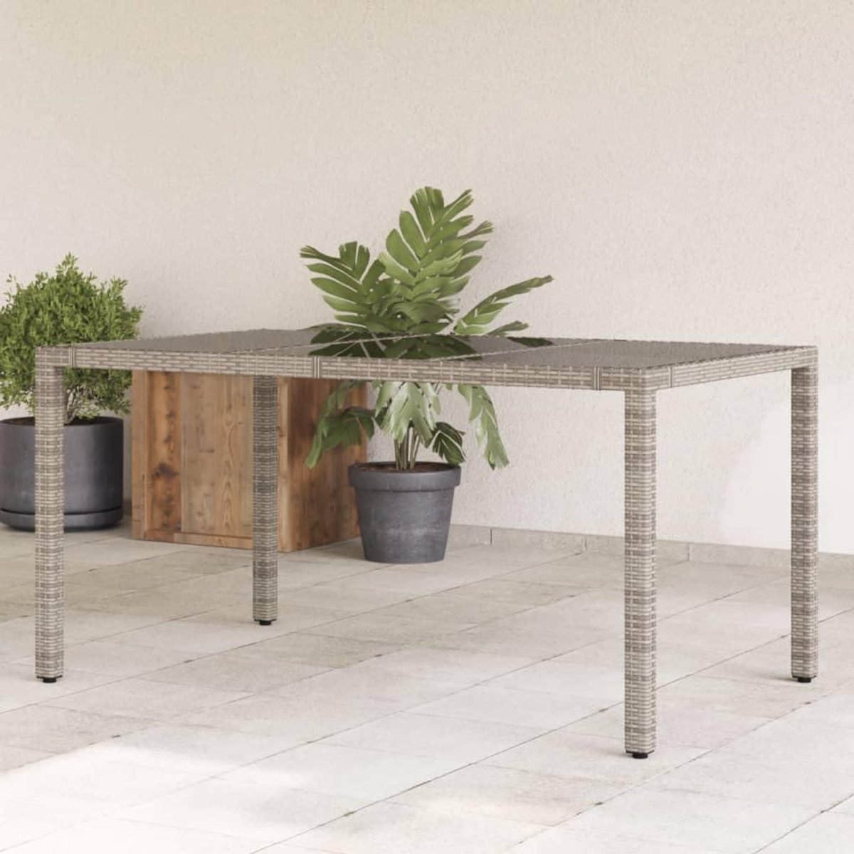Tuintafel met glasplaat - Buitenmeubel - Buiten dineren - Onderhoudsvriendelijk polyrotan - 150x90 cm - Grijs
