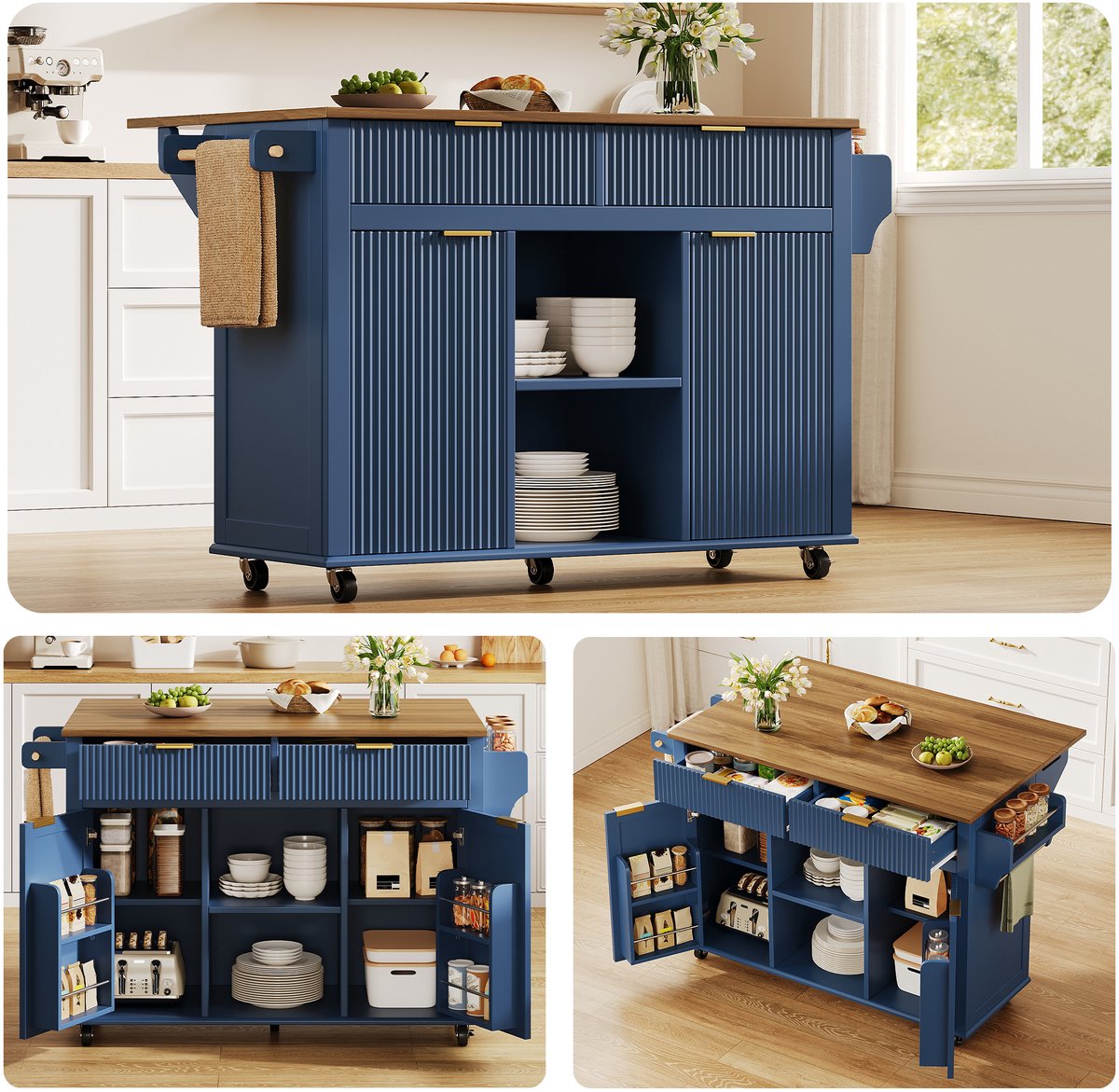 REDOM - Keukenkast op wielen - Uitklapbaar werkblad - 2 lades en 2 deuren - Opbergkast met kruidenrek en handdoekhouder - MDF - Blauw - 143 x 45/69 x 89,5 cm