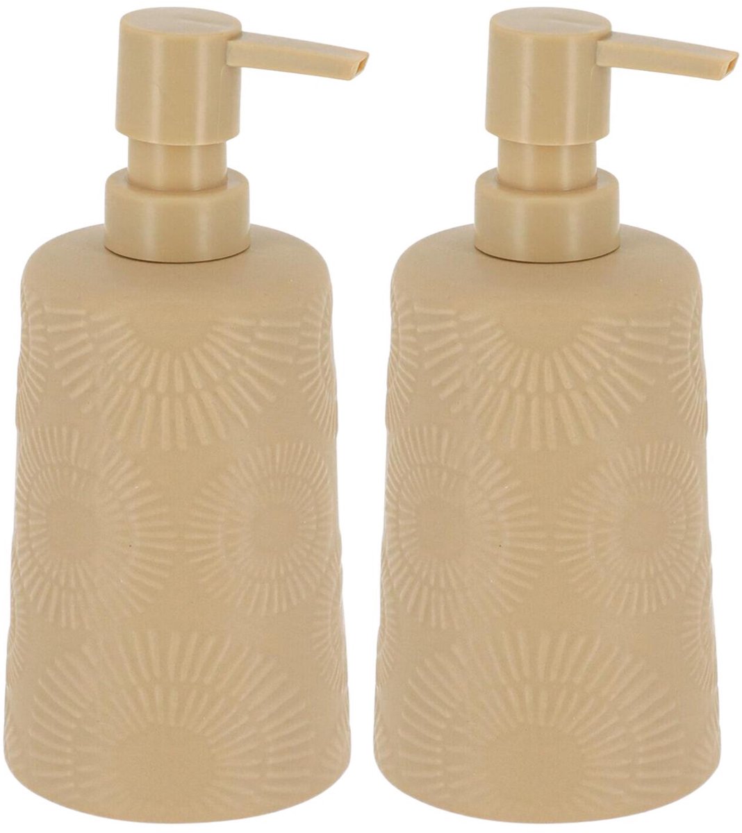 Tendance zeeppompje ethnic vibes - 2x - beige - D8 x H18 cm - 430ml - aardewerk - zeepdispenser