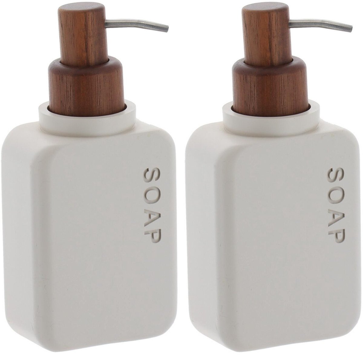 Tendance zeeppompje London - 2x - 300ml - beige - kunststof/acacia - H18 cm - zeepdispenser