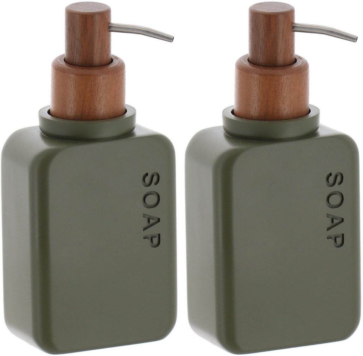 Tendance zeeppompje London - 2x - 300ml - groen - kunststof/acacia - H18 cm - zeepdispenser