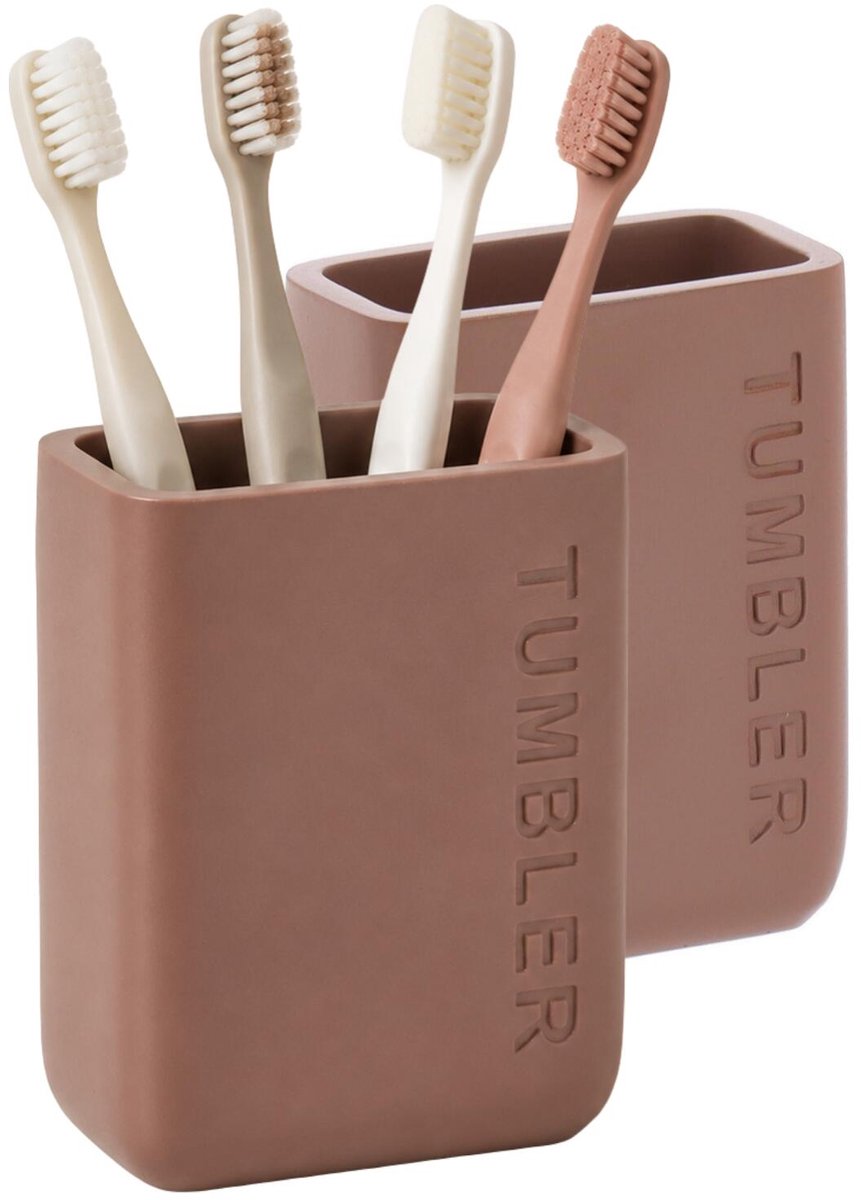 Tendance tandenborstelhouder London - 2x - 250ml - bruin - kunststof - H10 cm