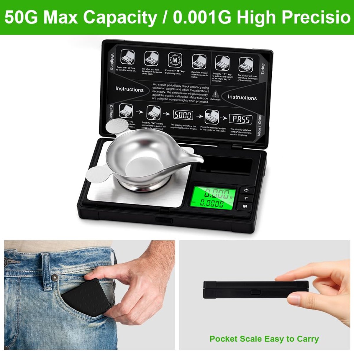 SnelShoppen - Digitale weegschaal 50 g/0,001 g, mini-zakweegschaal met LCD-display en achtergrondverlichting, kalibratiegewicht, milligramweegschaal v