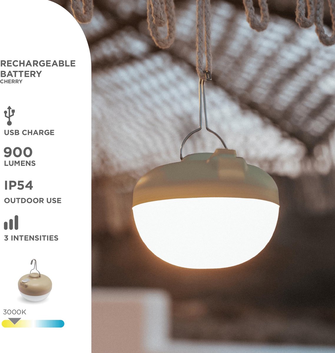 SnelShoppen - Kersen LED Camping en Noodverlichting - Draagbaar Snoerloos Licht met Haak en Magneet - Oplaadbare USB-Batterij - 900 Lumen - Tot 20 Uur