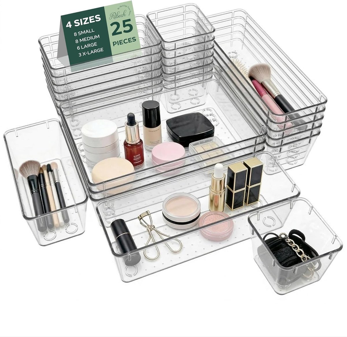 SnelShoppen - Set van 25 LadeOrganizers, Antislip, Stapelbaar, Transparant, voor Make-up, Keuken, Badkamer & Kantoor, 4 Formaten, Organizer, Opbergen