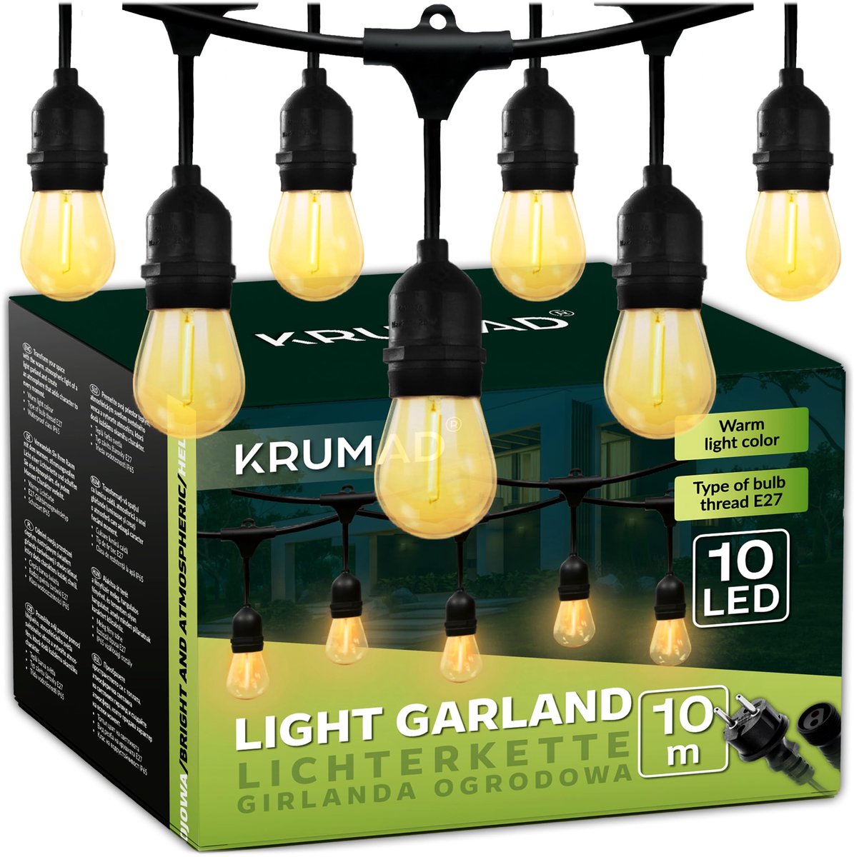 SnelShoppen - KRUMAD LED Lichtsnoer Buiten 10m, E27 Gloeilampen Warm Wit 2700K, IP44 Weerbestendig Feestverlichting voor Tuin, Balkon en Terras