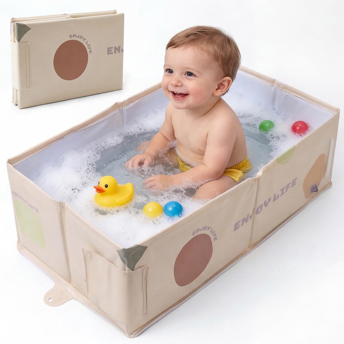 SnelShoppen - Robuuste opvouwbare badkuip voor baby's en kinderen, extra groot, antislip, draagbaar en ruimtebesparend design, beige, geschikt voor pa