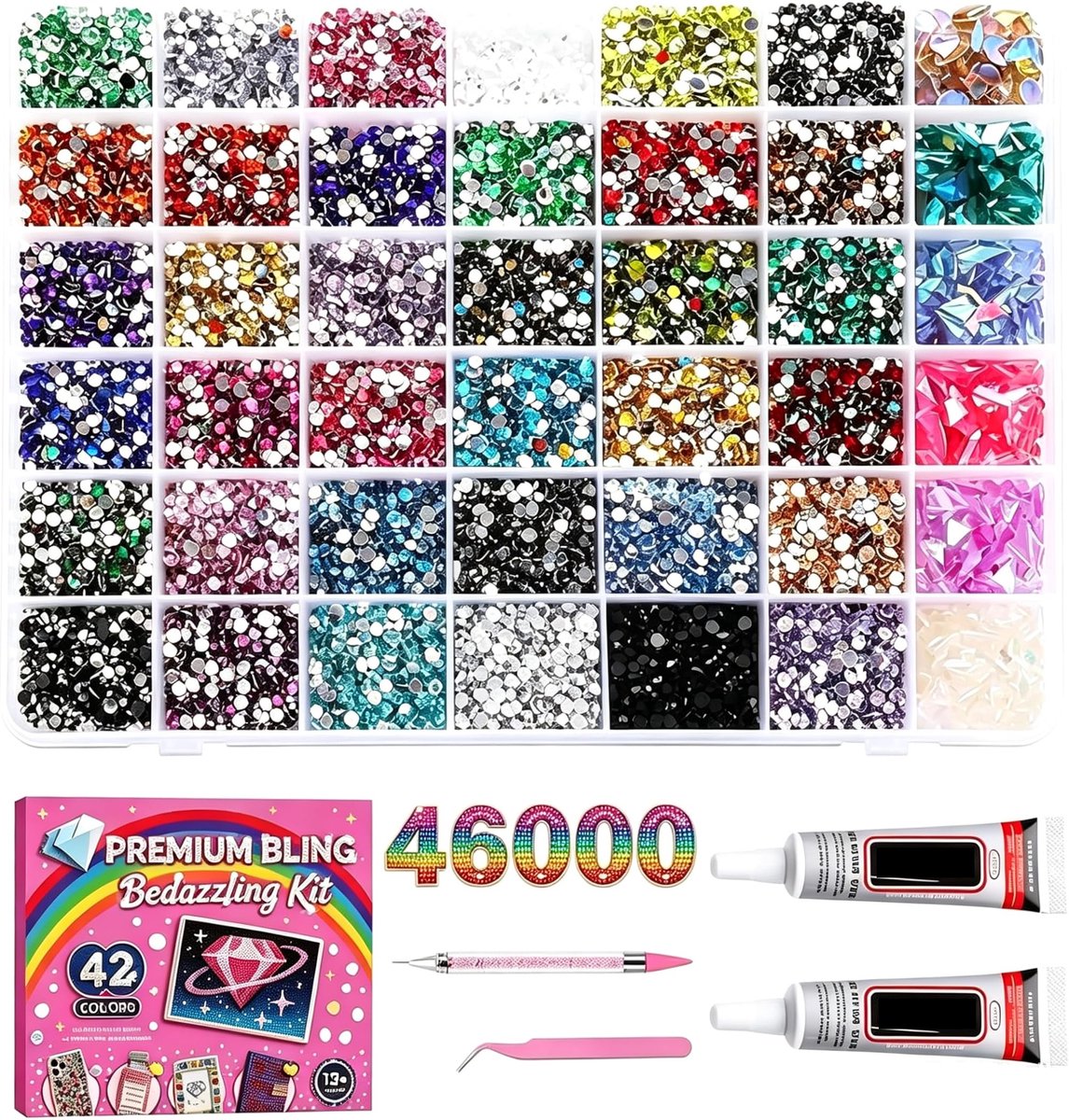 SnelShoppen - Bedazzling Kit met Diamantsteentjes 3 mm - 46000 Stuks Harsgelei met Lijm en Gereedschappen voor Kleding en Kunstprojecten