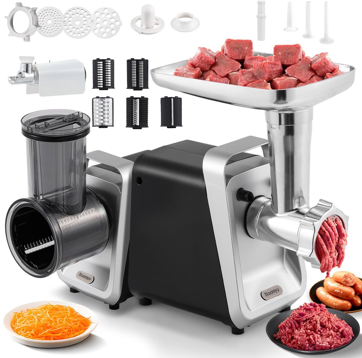 SnelShoppen - Elektrische Kaasrasp, Multifunctionele Vleesmolen met Worstvuller, Groentesnijder en Tomatenpuree-machine - Zwart, Ideaal voor Keuken, F