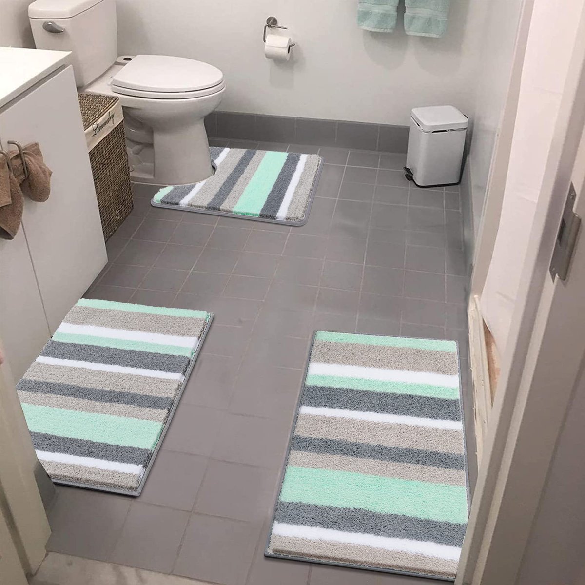 SnelShoppen - 3-delige Badmatset Antislip Wasbare Badkamermat en Douchetapijt - Zacht Waterabsorberend Toilettapijt in Groen - Perfect voor Badkamer e