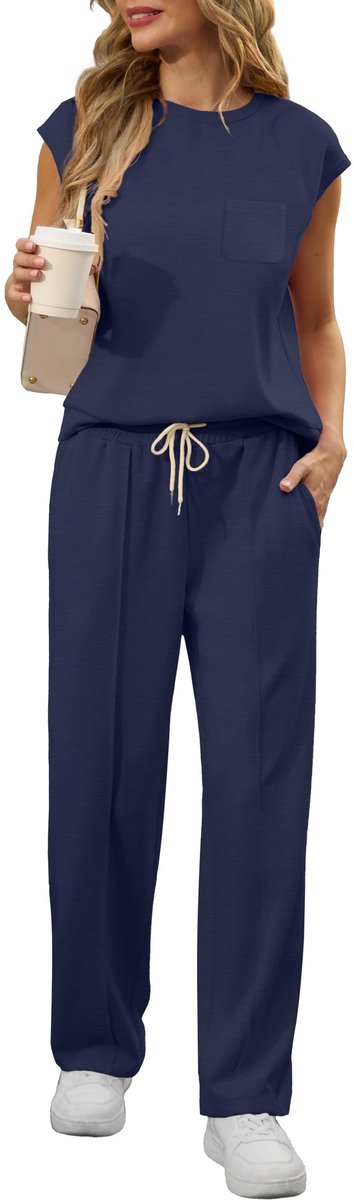SnelShoppen - Dames Jumpsuit Zomer Korte Mouwen Overall Casual Ronde Hals Vleugelmouwen Joggingbroek met Zakken Navy Blauw XL voor Feest en Vrije Tijd