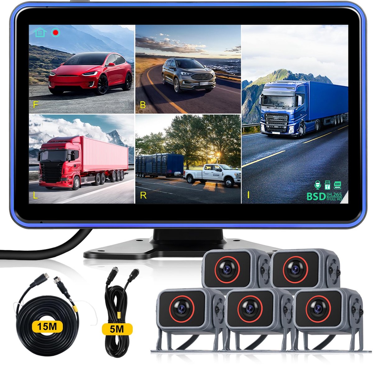 SnelShoppen - Achteruitrijcameraset met 5 Waterdichte Camera's, 10,1 Inch IPS Display, Nachtzicht, Kabel voor Vrachtwagen, Camper, Bestelwagen