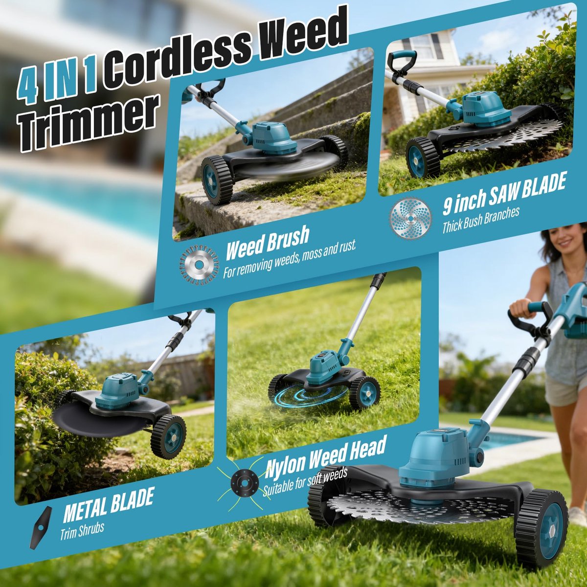 SnelShoppen - Grastrimmer Accu 4-in-1 Bosmaaier voor Makita-accu's - Borstelloze Motor met 2 x 4,0 Ah Accu's en 4 Soorten Messen - Ideaal voor Tuin, R