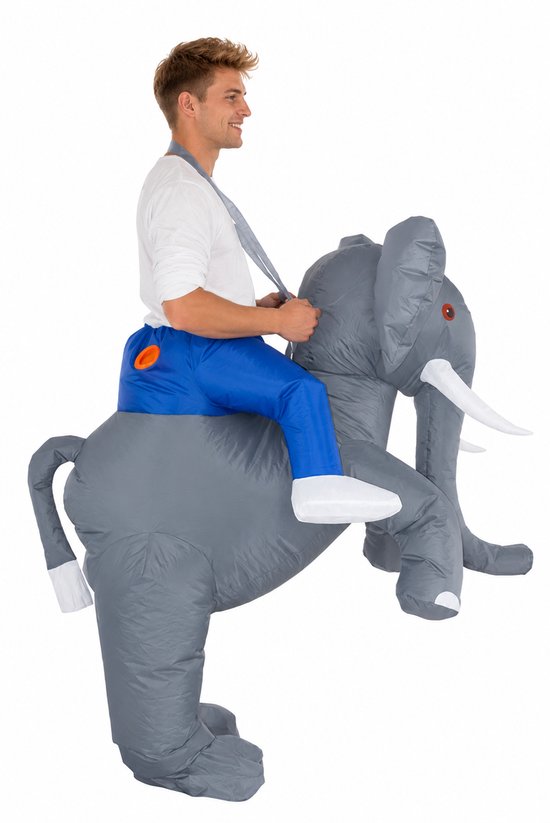 KIMU® Opblaas Kostuum Zittend Op Olifant - Opblaasbaar Pak - Olifantenpak Mascotte Opblaaspak - Opblaasbare Afrikaans Dier Dames Heren Festival